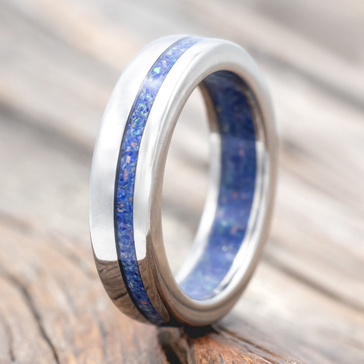 "Vertigo" - Mixed Lapis Lazuli and Fire & Ice Opal Inlay and Lining Wedding Band - Titanium (6mm) - Size 9 3/4