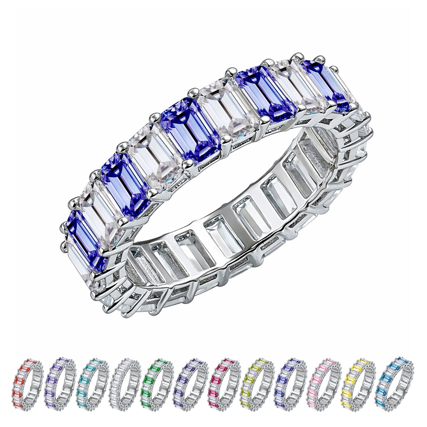 10 Carat Emerald Cut Birthstone - Multicolor Eternity Wedding Band