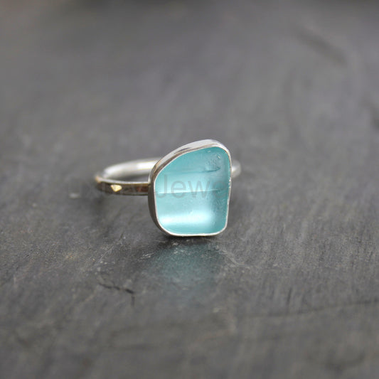 Aqua Blue Bottle Neck Sea Glass Ring | Sterling Silver | Handmade | Size 8 3/4