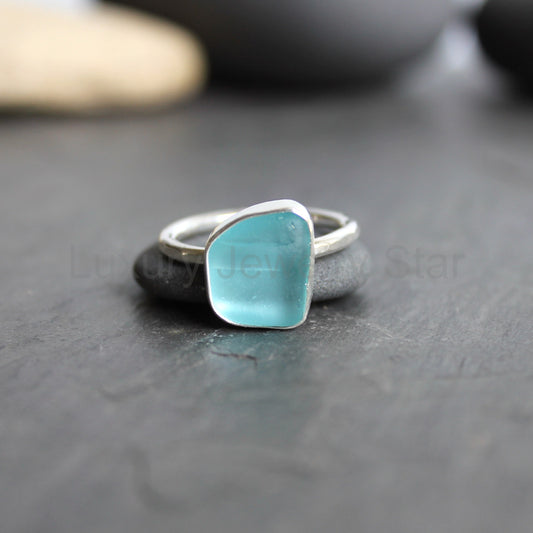 Aqua Blue Bottle Neck Sea Glass Ring | Sterling Silver | Handmade | Size 8 3/4 - image 2