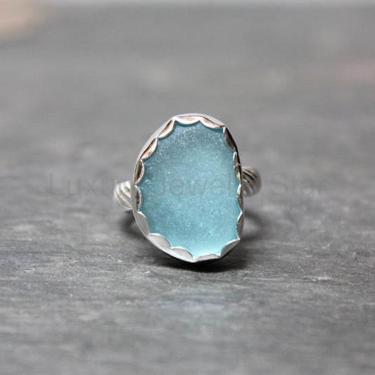 Aqua Turquoise Blue Sea Glass Ring • Handmade Sterling Silver Beach Jewelry • Gift for Her