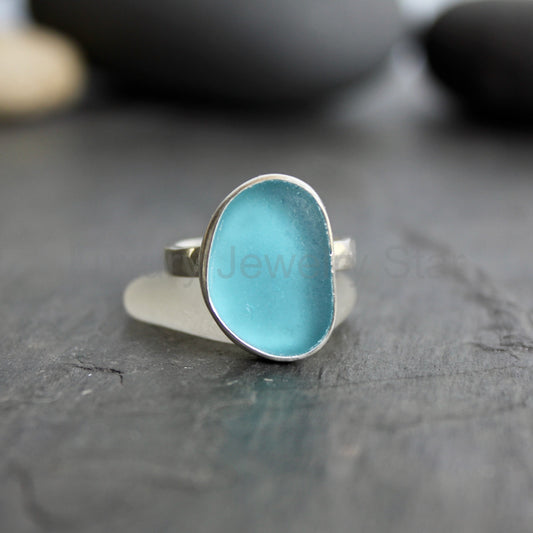 Aqua Turquoise Blue Sea Glass Ring | Handmade | Sterling Silver | Size 8 1/2