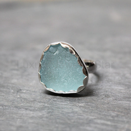Big Turquoise Blue Sea Glass Ring • Handmade • Sterling Silver • Beach Jewelry • Size 10