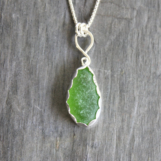 Bright Green Sea Glass Necklace | Sterling Silver | Handmade