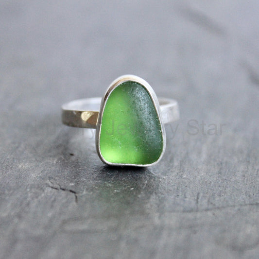 Bright Kelly Green Sea Glass Ring | Handmade | Sterling Silver | Size 9.25