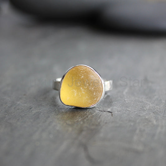 Chunky Golden Yellow Sea Glass Ring | Handmade | Sterling Silver | Size 8 1/2