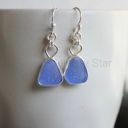 Cobalt Blue Dangly Sea Glass Earrings | Handmade | Sterling Silver