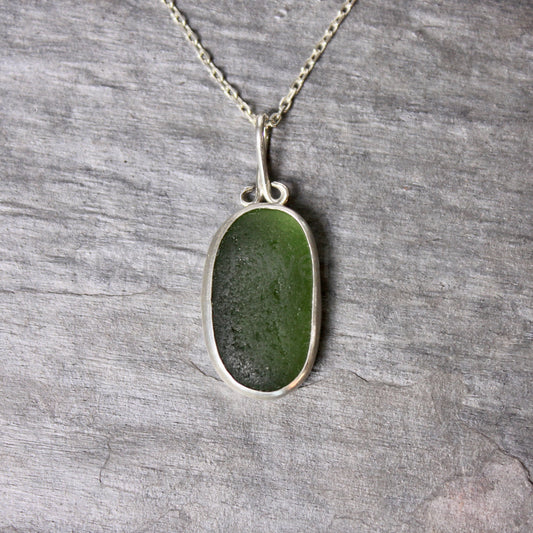 Dark Forest Green Sea Glass Necklace | Sterling Silver | Handmade