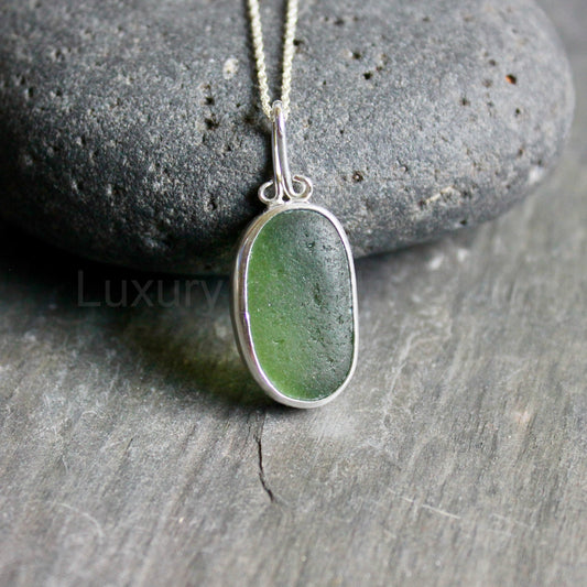 Dark Forest Green Sea Glass Necklace | Sterling Silver | Handmade - image 2