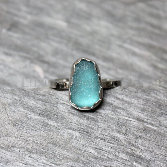Dark Turquoise Blue Sea Glass Ring • Handmade • Sterling Silver • Beach Jewelry • Size 8.5