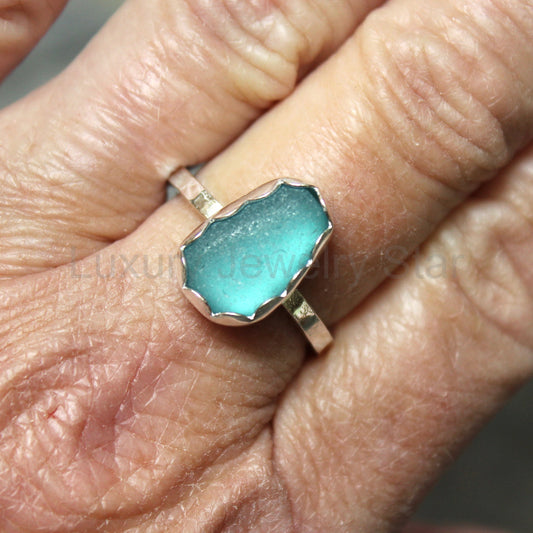 Dark Turquoise Blue Sea Glass Ring • Handmade • Sterling Silver • Beach Jewelry • Size 8.5 - image 2