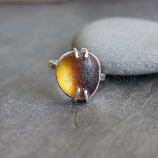 Funky Amber Brown Sea Glass Ring | Handmade | Sterling Silver | Size 6 1/4
