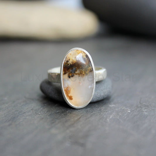 Graveyard Point Plume Agate Statement Ring Size 7 | Oregon Gemstone | Handmade Sterling Silver
