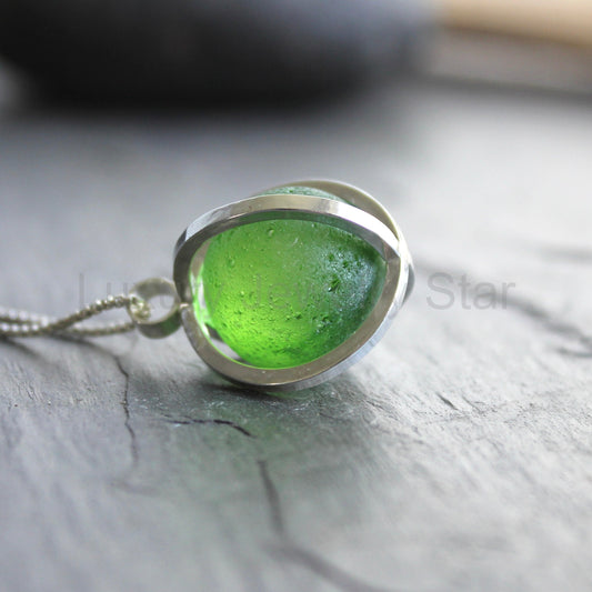 Green Blue Caged Sea Glass Marble Necklace | Sterling Silver | Handmade