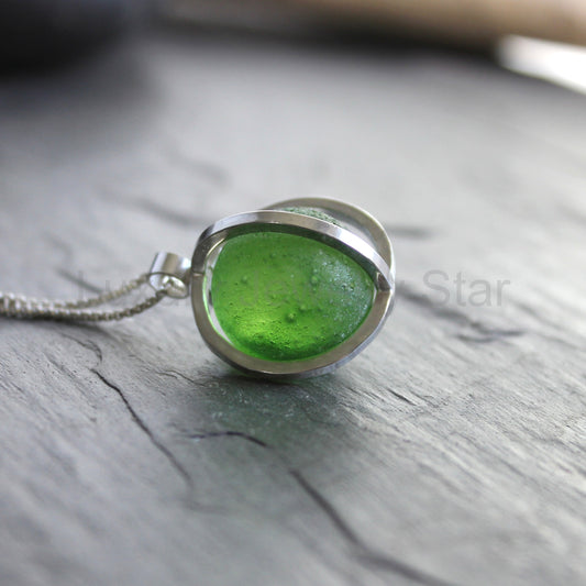 Green Blue Caged Sea Glass Marble Necklace | Sterling Silver | Handmade - image 2