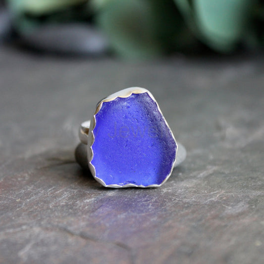Huge Cobalt Blue Sea Glass Ring | Handmade | Sterling Silver | Size 11 ½