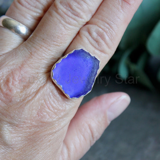 Huge Cobalt Blue Sea Glass Ring | Handmade | Sterling Silver | Size 11 ½ - image 2