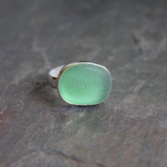 Huge Green Sea Glass Statement Ring • Handmade • Sterling Silver • Beach Glass Jewelry • Size 11.5