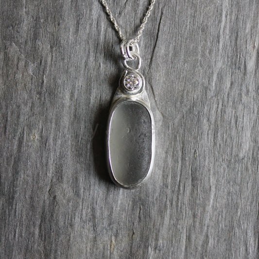 Large CZ & Gray Sea Glass Necklace | Sterling Silver | Handmade