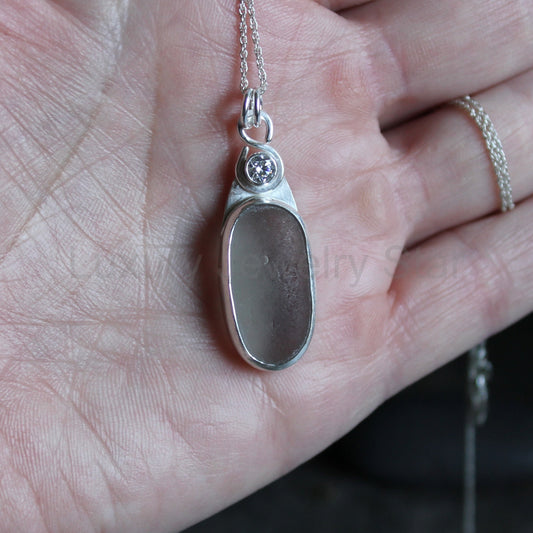 Large CZ & Gray Sea Glass Necklace | Sterling Silver | Handmade - image 2
