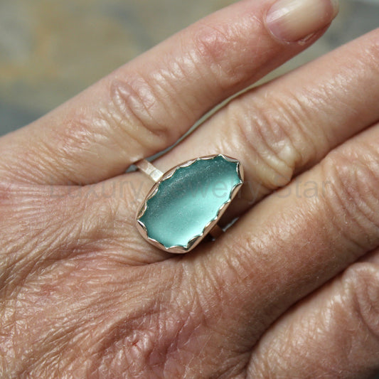 Large Dark Turquoise Blue Sea Glass Ring • Handmade • Sterling Silver • Beach Jewelry • - image 2