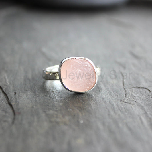Large Peachy Pink Sea Glass Ring | Handmade | Sterling Silver | Size 10