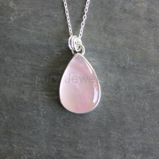 Large Rose Quartz Teardrop Pendant Necklace | Pink Gemstone Jewelry