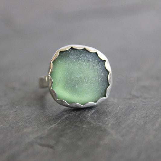 Large Sage Green Sea Glass Ring | Handmade | Sterling Silver | Size 8 ¼