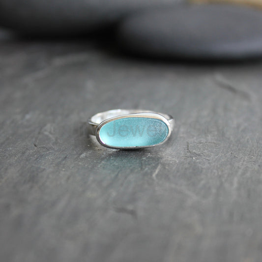 Large Size Aqua Blue Sea Glass Ring | Handmade | Sterling Silver | Size 11 1/2