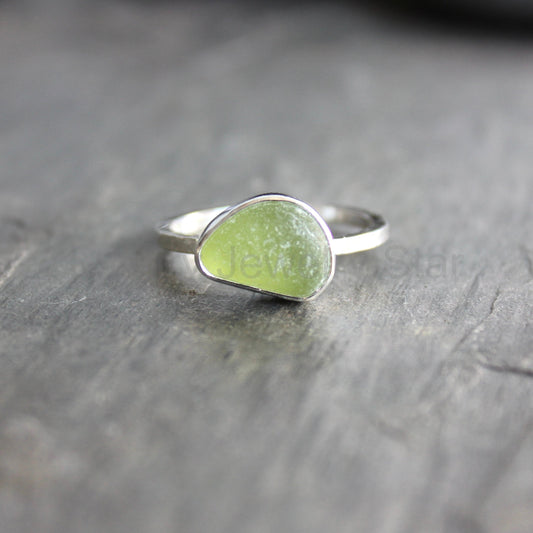 Large Size Olive Green Sea Glass Ring | Handmade | Sterling Silver | Size 10