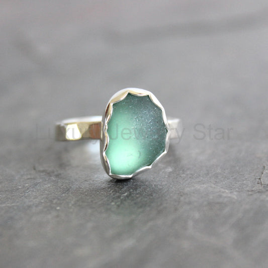 Large Size Sage Green Sea Glass Ring | Handmade | Sterling Silver | Size 11