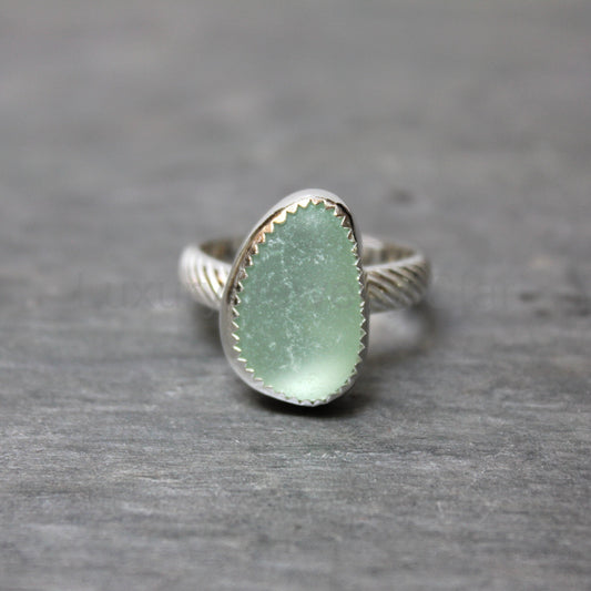 Light Green Sea Glass Statement Ring • Sterling Silver • Handmade • Beach Jewelry for Her • Size 10