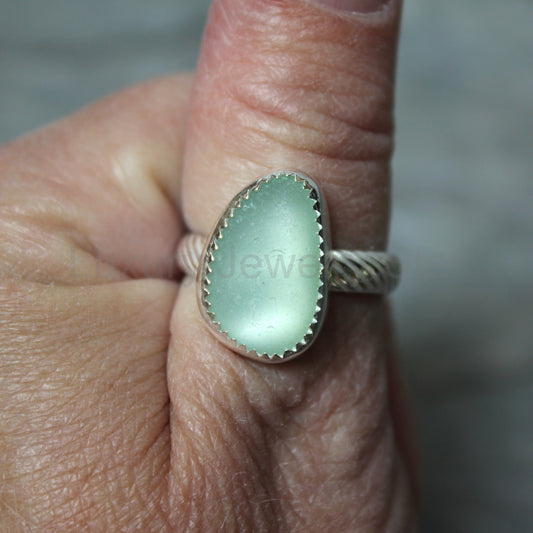 Light Green Sea Glass Statement Ring • Sterling Silver • Handmade • Beach Jewelry for Her - image 2