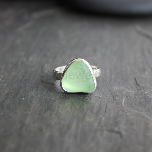 Light Green UV Uranium Sea Glass Ring | Handmade | Sterling Silver | Size 6 3/4