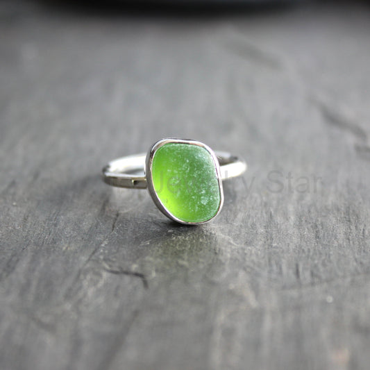 Lime Green Sea Glass Stackable Ring | Handmade | Sterling Silver | Size 8 1/2