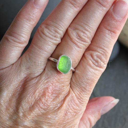 Lime Green Sea Glass Stackable Ring | Handmade | Sterling Silver | Size 8 1/2 - image 2