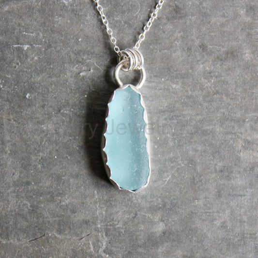 Long Turquoise Blue Sea Glass Necklace • Handmade • Sterling Silver • Beach Jewelry for Her