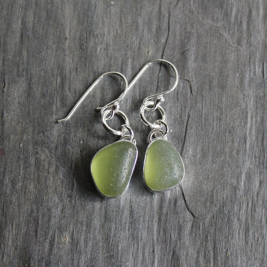 Olive Green Dangly Sea Glass Earrings | Handmade | Sterling Silver