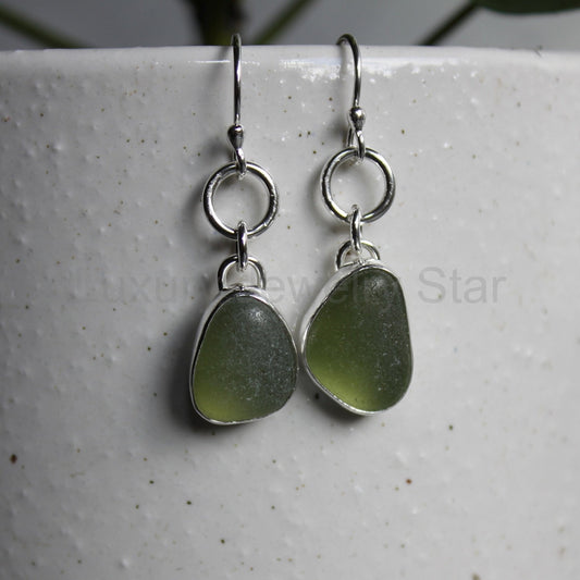 Olive Green Dangly Sea Glass Earrings | Handmade | Sterling Silver - image 2