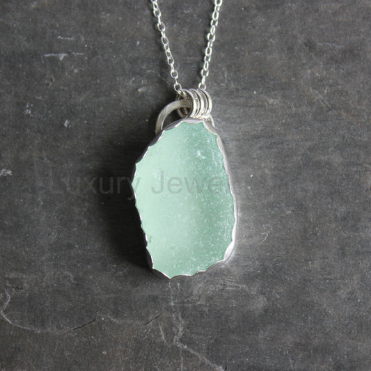 Pale Green Sea Glass Necklace • Handmade • Sterling Silver • Pastel Beach Jewelry for Her