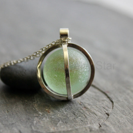 Pastel Green Caged Sea Glass Marble Necklace • Handmade • Sterling Silver • Unique Beach Jewelry