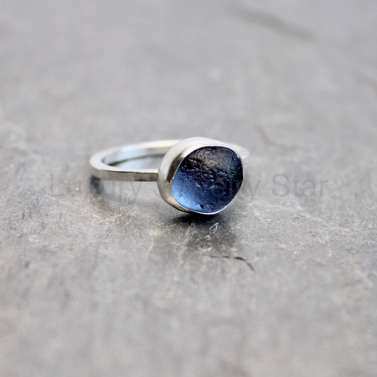 Rare Blue Striped Sea Glass Ring | Sterling Silver | Handmade | Size 9