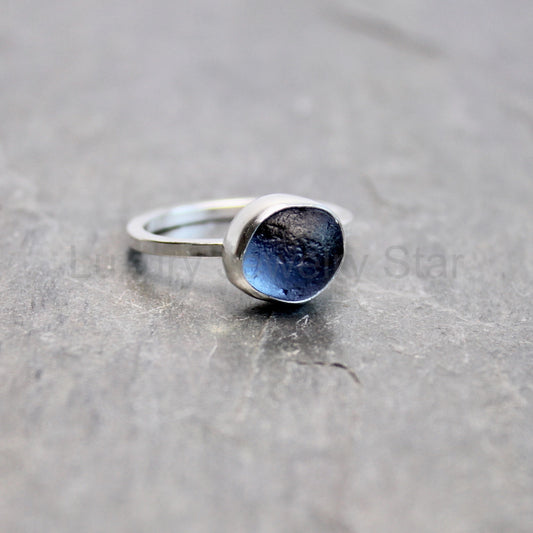 Rare Blue Striped Sea Glass Ring | Sterling Silver | Handmade | Size 9