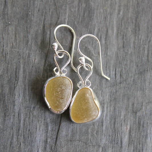 Rare Yellow Dangly Sea Glass Earrings | Handmade | Sterling Silver