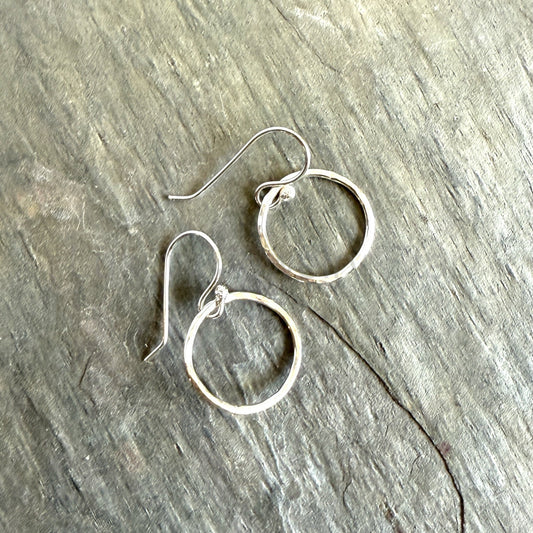 Small Hammered Sterling Silver Dangly Circle Earrings 1/2–3/4" | Handmade | Sterling Silver
