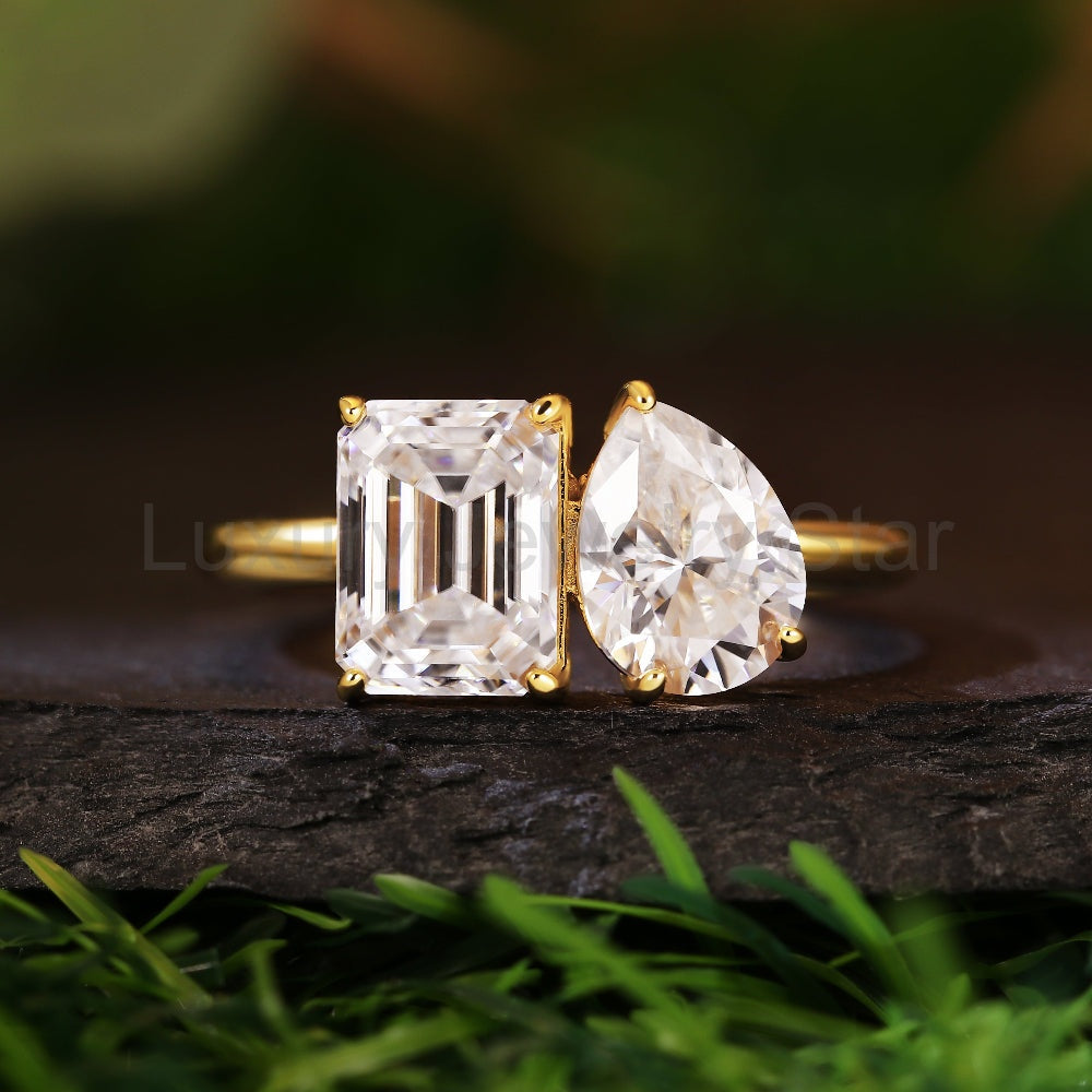 3.13CT Emerald and Pear Cut Toi et Moi Moissanite Engagement Ring - image 2