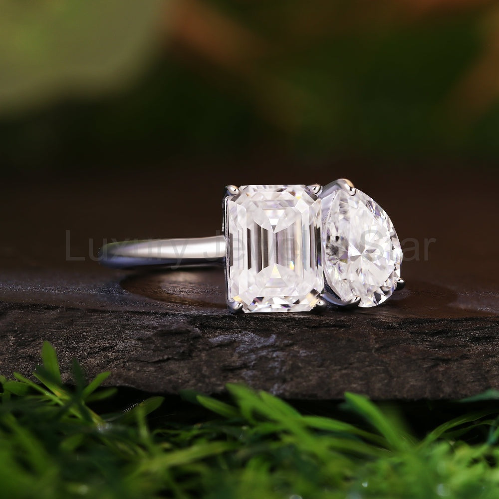 3.13CT Emerald and Pear Cut Toi et Moi Moissanite Engagement Ring - image 3