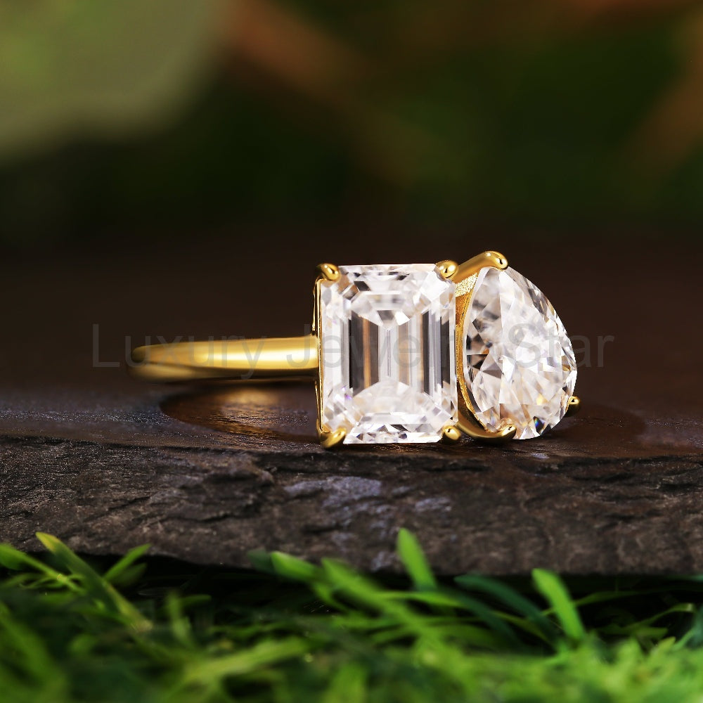 3.13CT Emerald and Pear Cut Toi et Moi Moissanite Engagement Ring - image 4