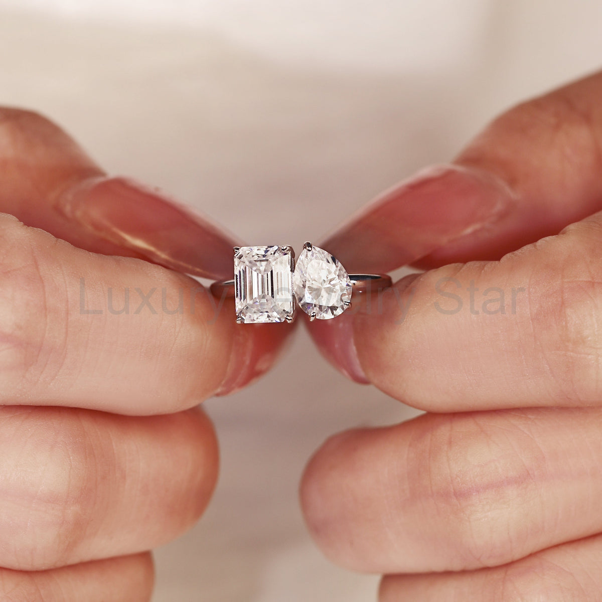 3.13CT Emerald and Pear Cut Toi et Moi Moissanite Engagement Ring - image 6