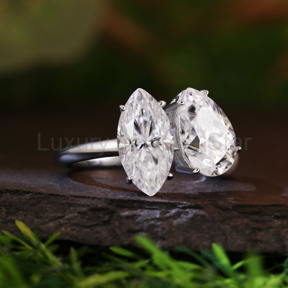 Unique Marquise & Pear Cut Two-Stone Toi et Moi Engagement Ring - image 3